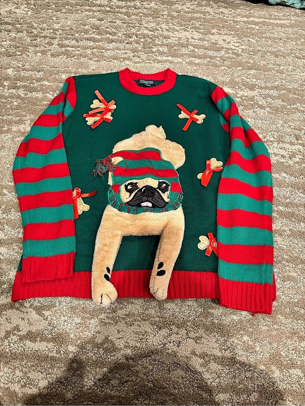 33Degrees Christmas Pug Appliqué Striped Sweater Size Small Like New